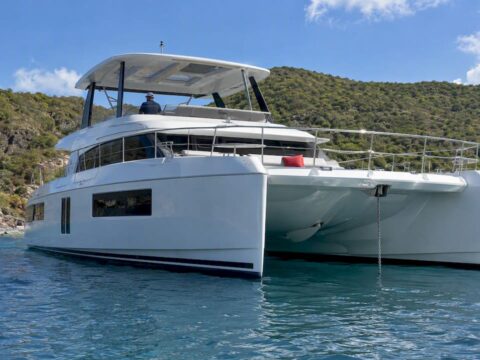 Power catamaran anchored in a BVI bay