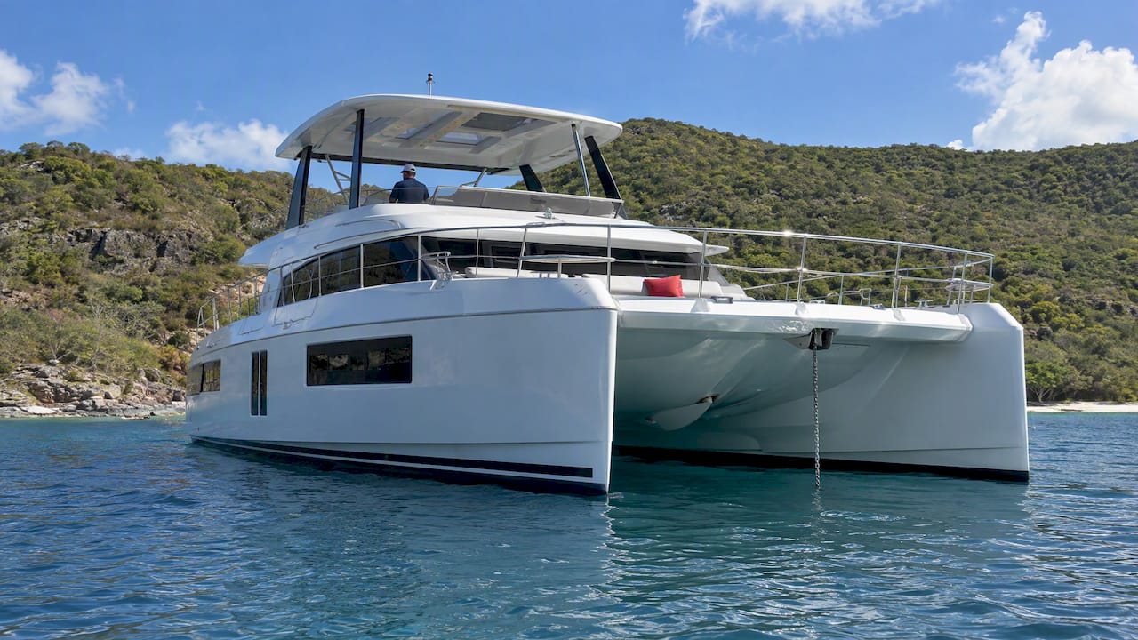 Power catamaran anchored in a BVI bay