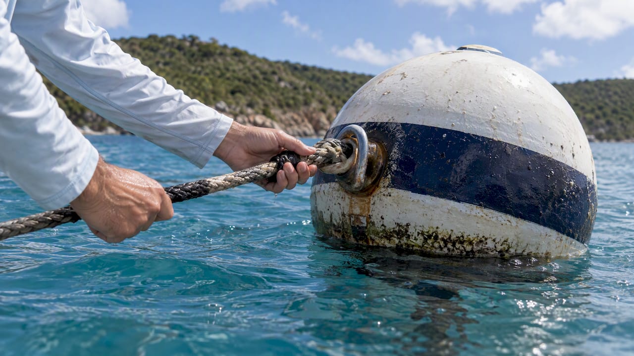Guest checking a mooring buoy line in daylight