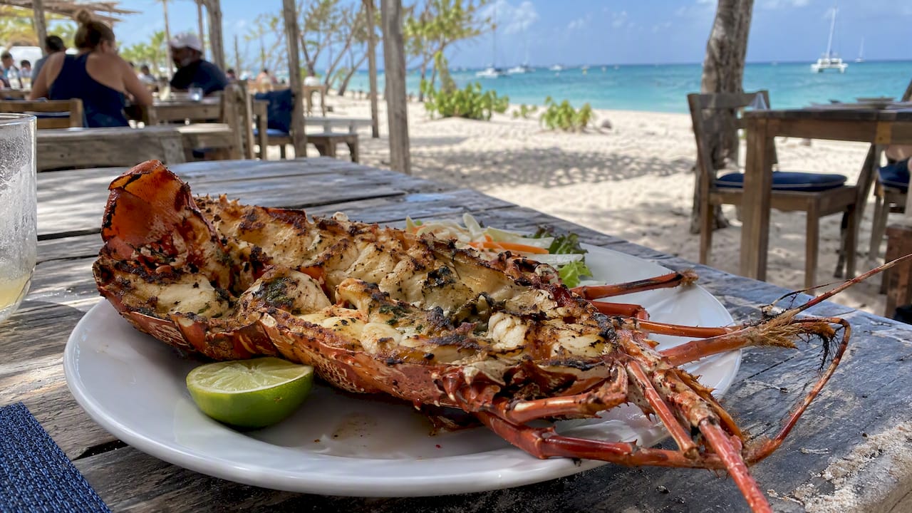 Grilled lobster served at an Anegada beachside restaurant