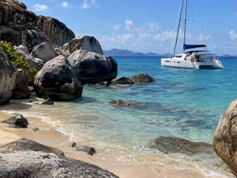 Charter yacht offshore from The Baths boulders