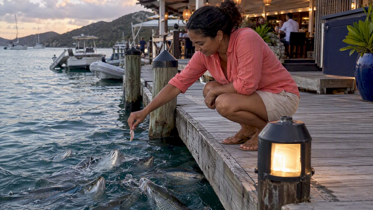 Visitor feeding tarpon beside Saba Rock dock