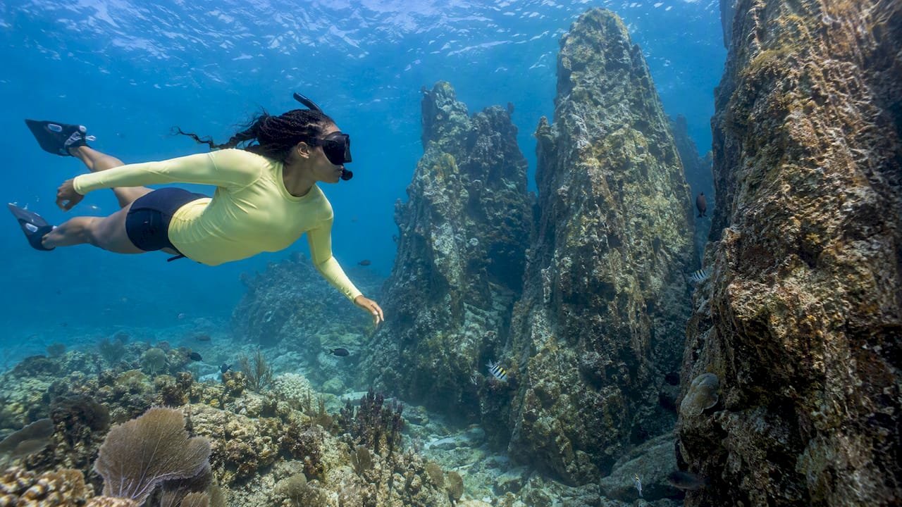 Snorkeler glides beside the Indians rock pinnacles