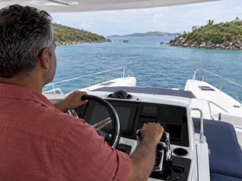 First-time skipper at a BVI power catamaran helm