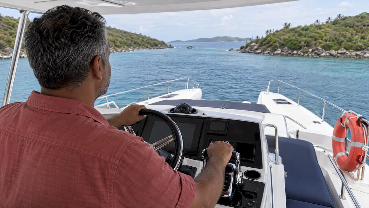 First-time skipper at a BVI power catamaran helm