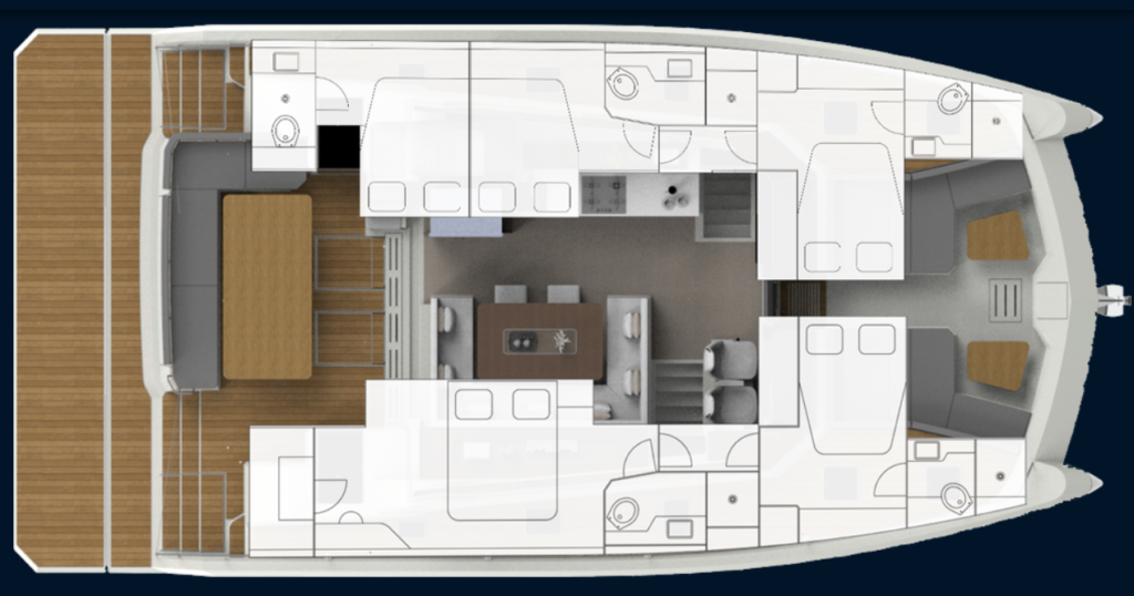 5 cabin BVI power catamaran with five double cabins for five couples