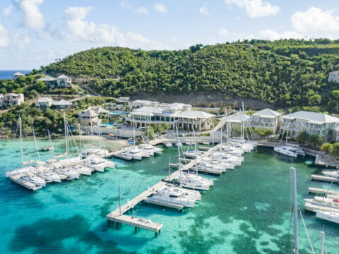 Bareboat power catamaran at a marina in the British Virgin Islands