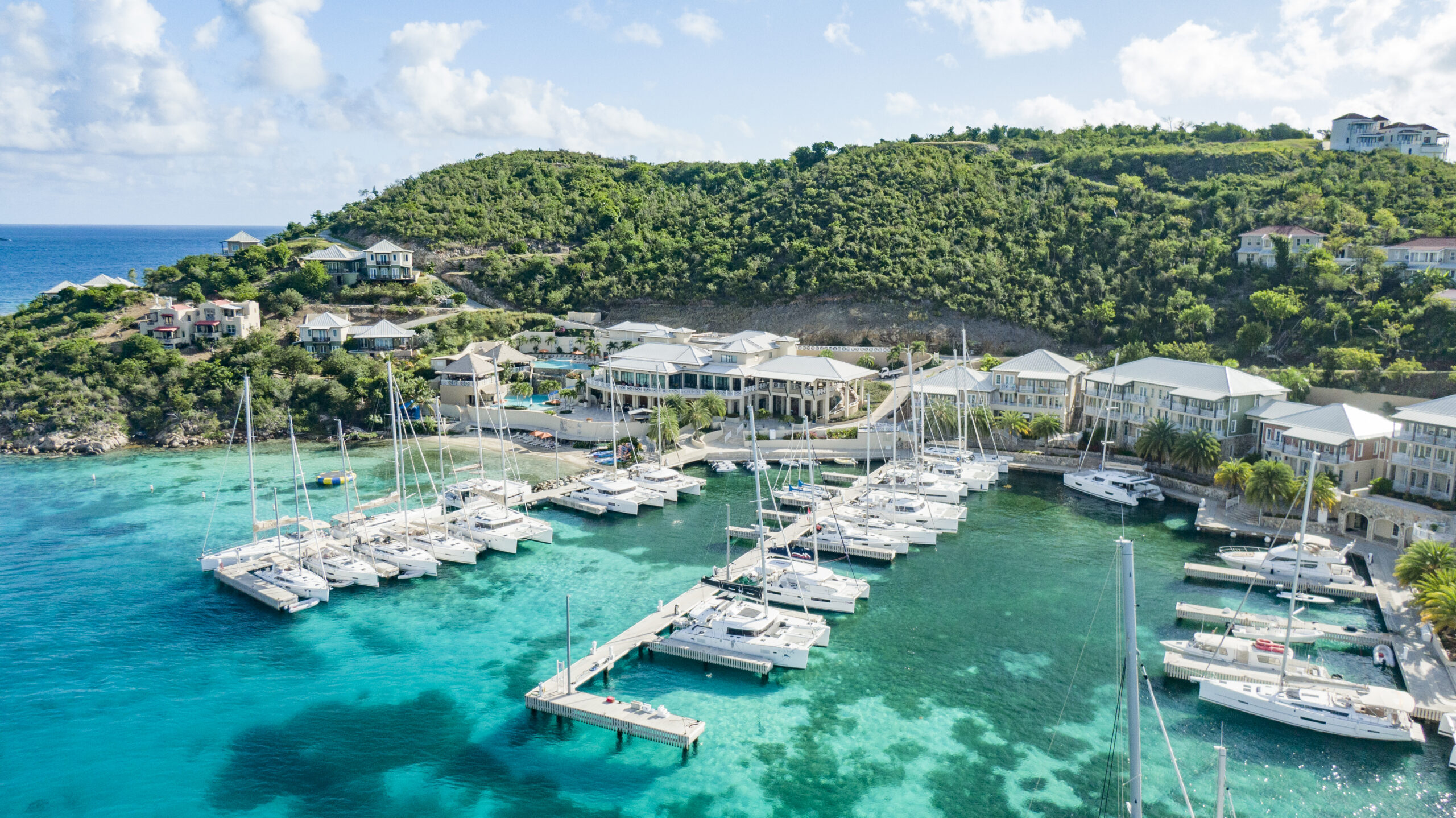 Bareboat power catamaran at a marina in the British Virgin Islands