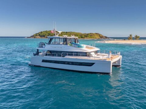 Power catamaran cruising in the British Virgin Islands for a bareboat or fully crewed yacht charter