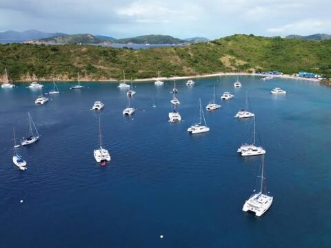 Power catamaran cruising from Nanny Cay to Norman Island on the first day of a BVI bareboat charter